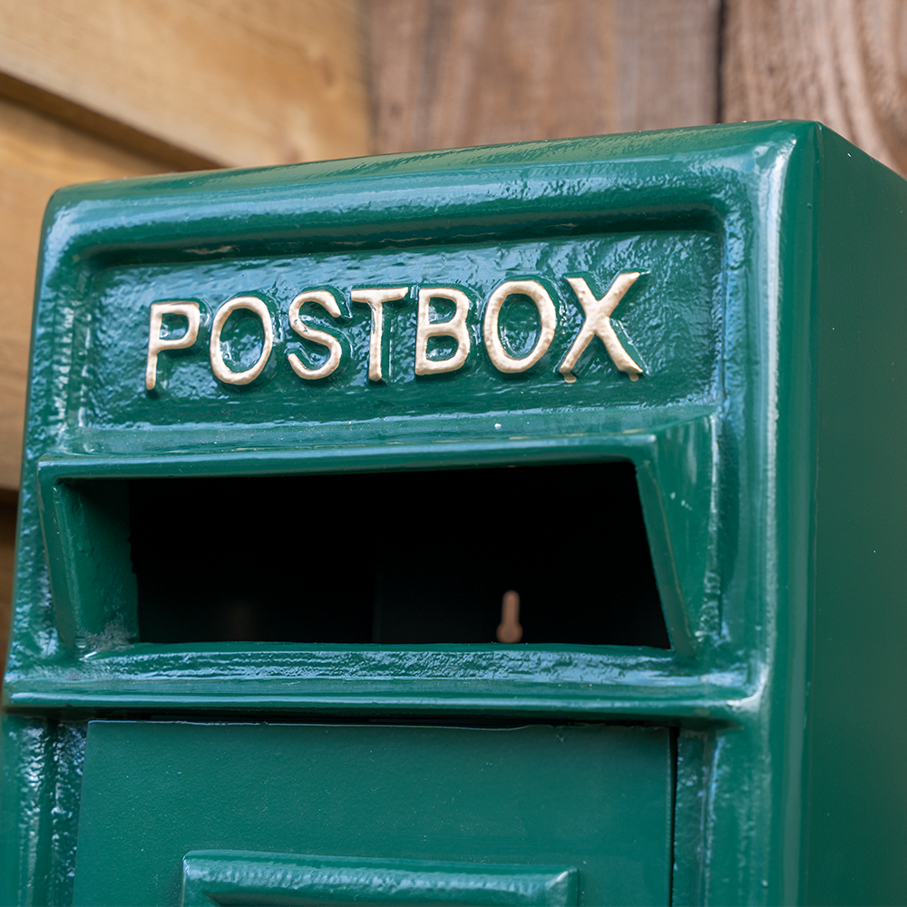 Traditional Cast Iron Green Post Box With Stand.