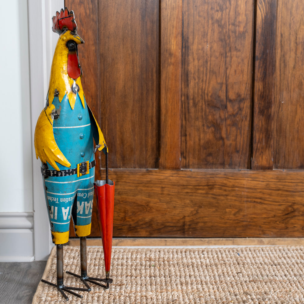 Recycled / Upcycled Mr Rooster with Umbrella Statue.