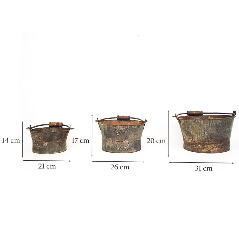 Three Vintage Metal Planters with Wooden Handle.