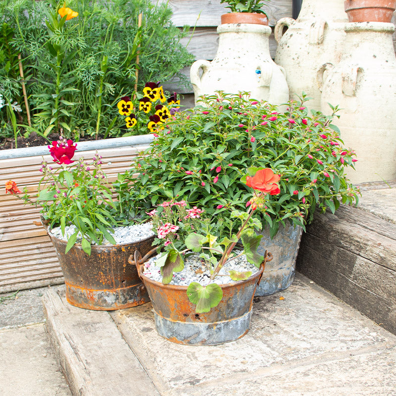 Three Vintage Metal Planters with Wooden Handle.