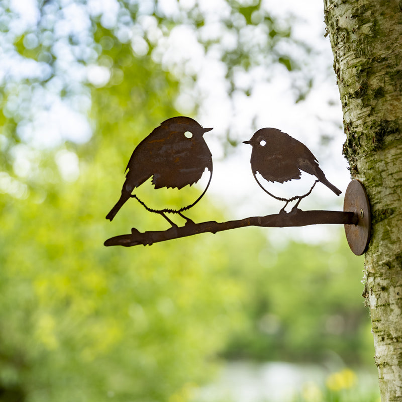 Pair Of Robins Garden Ornament Laser Art On a Branch.