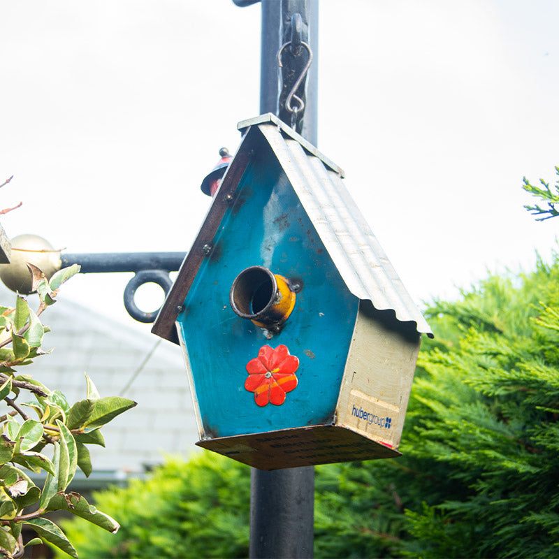 Upcycled Metal Bird House with Corrugated Roof.