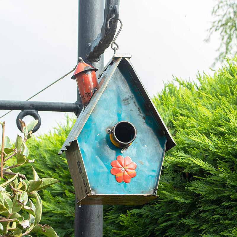 Upcycled Metal Bird House with Corrugated Roof.