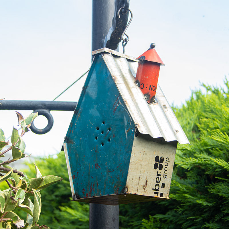 Upcycled Metal Bird House with Corrugated Roof.