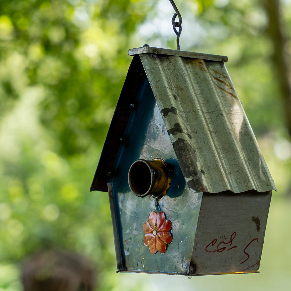 Upcycled Metal Bird House with Corrugated Roof.