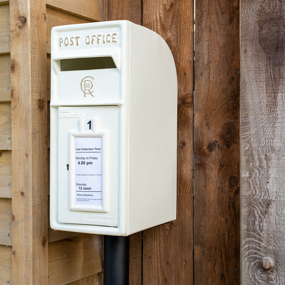 White CR 'Charles Rex' Cast Iron Post Box.
