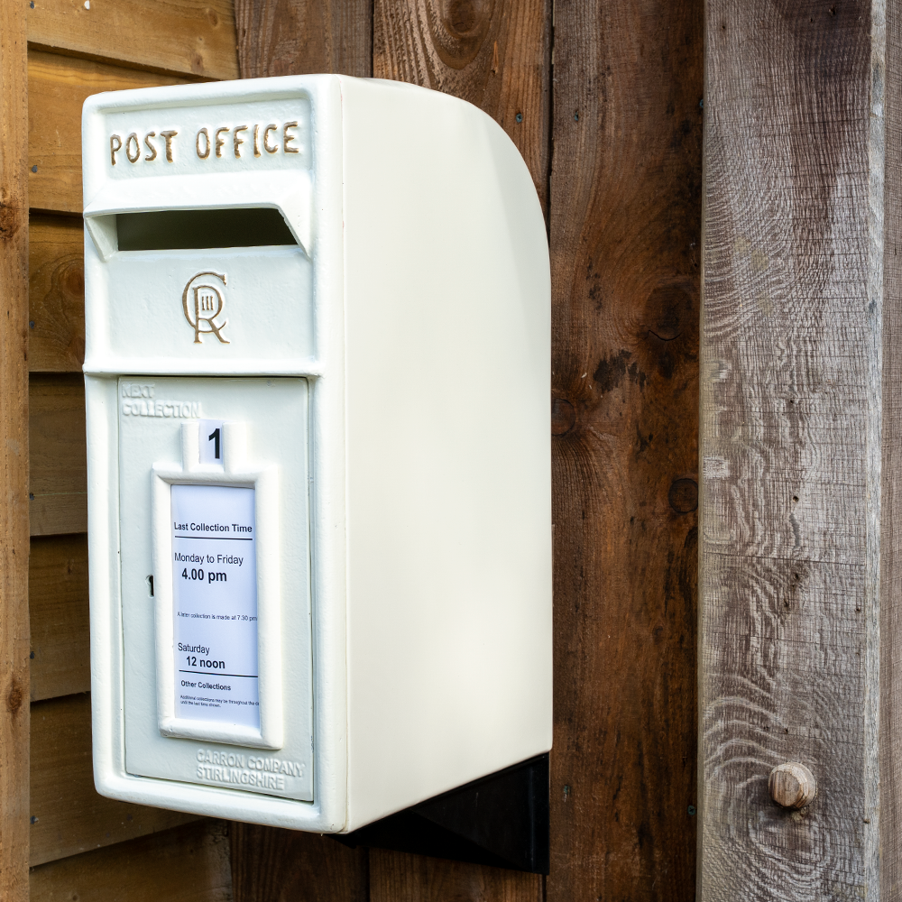 White CR 'Charles Rex' Cast Iron Post Box.