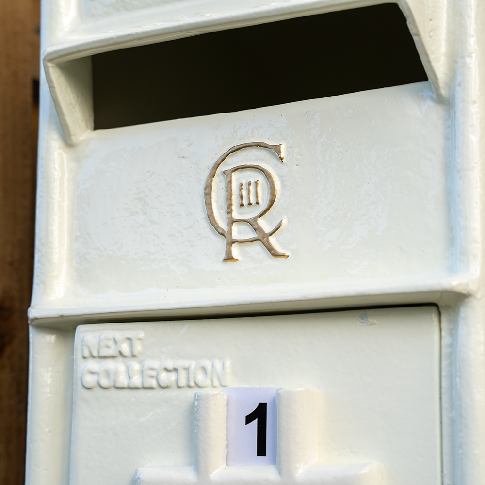 White CR 'Charles Rex' Cast Iron Post Box.