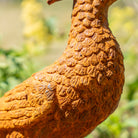 Close-up of a textured decorative bird sculpture with a rusted orange-brown finish, photographed outdoors against a blurred green and yellow background.