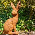 A terracotta coloured iron garden statue of a sitting hare, shown outdoors against a background of green foliage and trees.