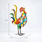 Colorful rooster sculpture with dimensions on a white background