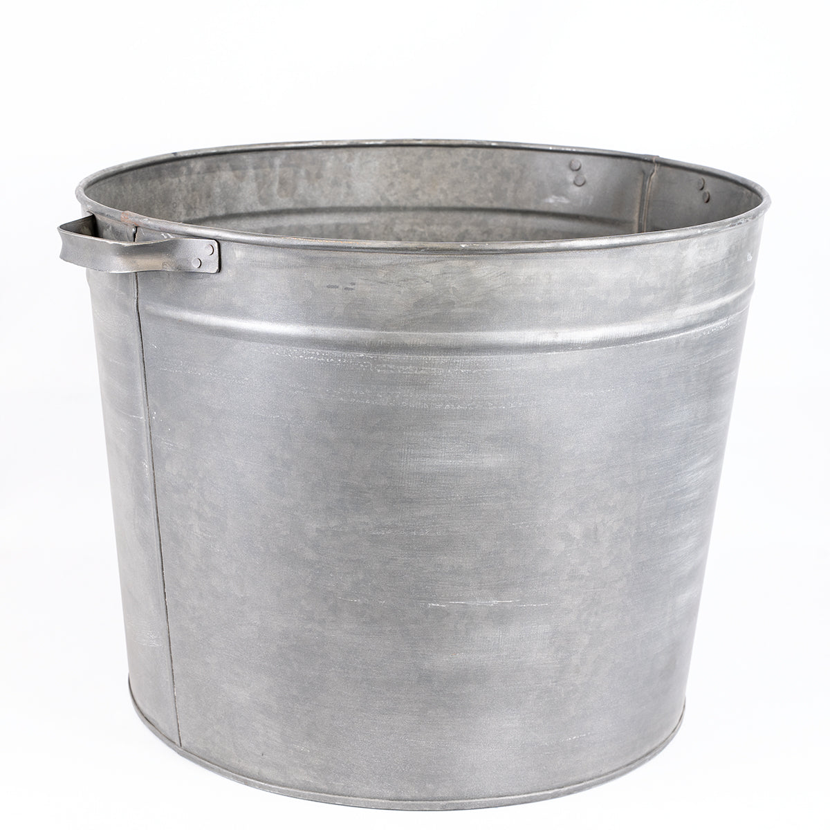 A galvanized metal bucket with a flat side handle, shown on a plain white background.