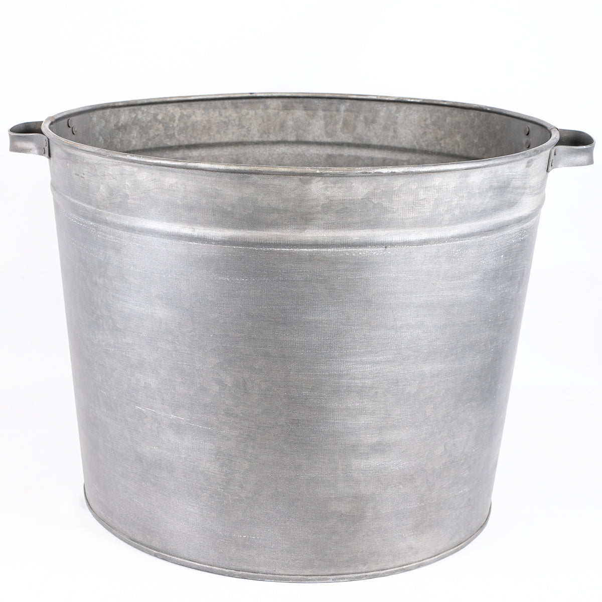 A galvanized metal bucket with side handles, shown on a plain white background.