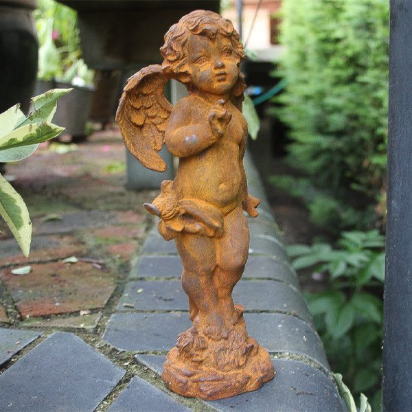 Cast Iron Cherub with Bird Outdoor Garden Statue