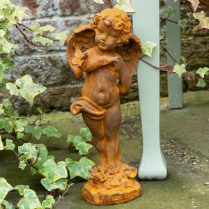 Cherub Statue with Butterfly in Cast Iron Rust Finish