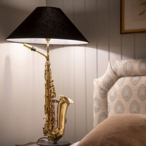 Large Saxophone Table Lamp with Black Shade Detail