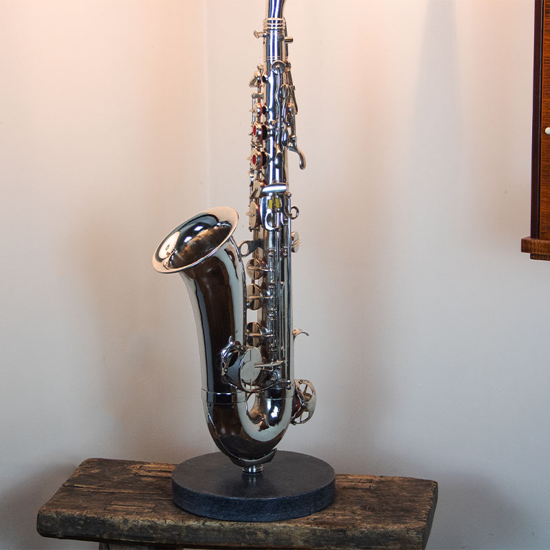 Saxophone Table Lamp - Antique Brass - Gold Inlaid Round Black Shade